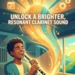 Brighter Clarinet Sound: 10 Hacks, Gear Choices & A 6-Week Tone Plan Young boy playing a clarinet with vibrant musical energy, symbolizing high-quality sound and clarity, perfect for musical instrument branding and clarinet sound enhancement.