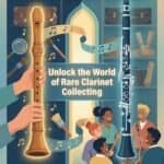 Vibrant illustration of people exploring rare clarinets in a music store, emphasizing the fascination of clarinet collecting and musical instruments.