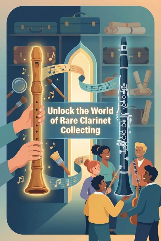 Clarinet Collectors: Rare Instruments, Restoration Tips & Community Guide 1 Vibrant illustration of people exploring rare clarinets in a music store, emphasizing the fascination of clarinet collecting and musical instruments.