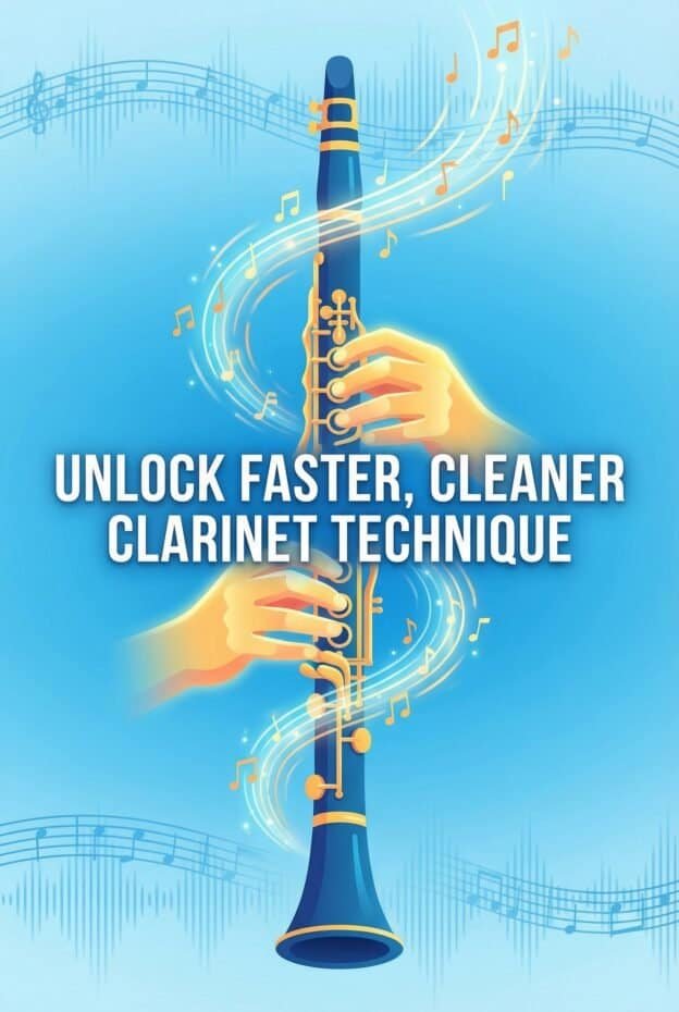 Vibrant digital artwork featuring a clarinet with musical notes and sound waves, highlighting clarinet techniques and music mastery.
