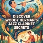 Woody Herman, Jazz Clarinet, and the Legacy of Woodchopper's Ball Vintage style illustration of a man playing a clarinet surrounded by musical notes and nature elements, promoting Woody Herman’s jazz clarinet secrets, perfect for music enthusiasts and jazz aficionados.