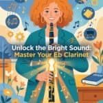 Eb Clarinet Guide: Sound, Use, Technique & Care for E-flat Players Bright, colorful illustration of a woman holding an Eb clarinet surrounded by musical notes and gear icons, promoting mastering clarinet skills with a vibrant, inviting design.