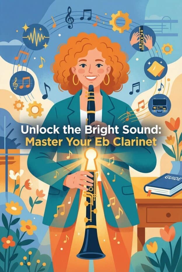 Eb Clarinet Guide: Sound, Use, Technique & Care for E-flat Players 1 Bright, colorful illustration of a woman holding an Eb clarinet surrounded by musical notes and gear icons, promoting mastering clarinet skills with a vibrant, inviting design.