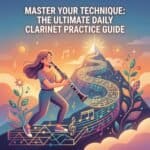 Clarinet Scales: A Complete Guide to Daily Practice, Technique, and Arpeggios Bright illustration of a girl playing clarinet on a mountain with musical notes flowing, symbolizing mastering technique and passion for music.