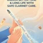 Clarinet Cleaning: Complete Guide to Safe Care, Better Tone and Long Instrument Life Close-up of a clarinet being cleaned, featuring cleaning accessories for clarinet maintenance, with a background emphasizing musical harmony.