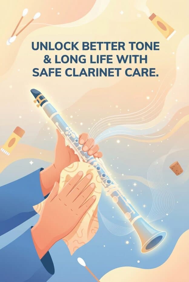 Clarinet Cleaning: Complete Guide to Safe Care, Better Tone and Long Instrument Life 1 Close-up of a clarinet being cleaned, featuring cleaning accessories for clarinet maintenance, with a background emphasizing musical harmony.