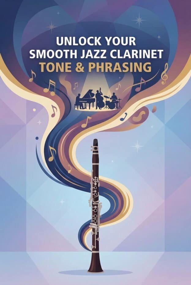 Vibrant graphic promoting smooth jazz clarinet tone and phrasing, featuring musical notes and performers, perfect for jazz music enthusiasts and clarinet players.