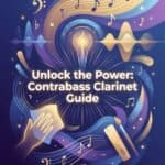 An artistic digital illustration promoting a contrabass clarinet guide, featuring musical notes, sound waves, and a hand cleaning a clarinet, representing musical instrument care and expertise.