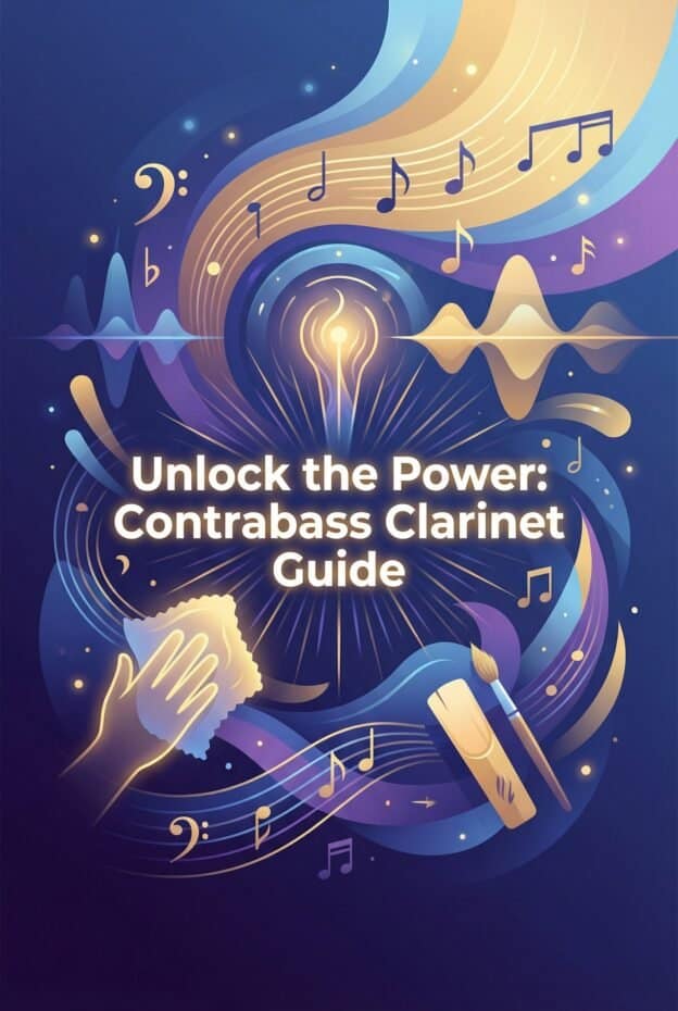 An artistic digital illustration promoting a contrabass clarinet guide, featuring musical notes, sound waves, and a hand cleaning a clarinet, representing musical instrument care and expertise.