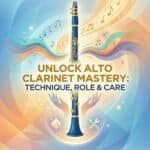 Alto Clarinet: Range, Role, Technique & Care For Serious Players Vibrant digital illustration featuring a clarinet surrounded by musical notes, symbols, and dynamic colorful waves, representing learning and mastery in clarinet playing.