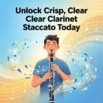 Staccato on the Clarinet: Complete Technique, Exercises & Setup Guide High-quality clarinet on a young man playing music, showcasing woodwind instruments with vibrant musical notes and colorful effects.