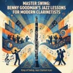 Benny Goodman: King of Swing, Jazz Clarinet Icon, and What Modern Players Can Learn Vibrant jazz clarinet poster celebrating Benny Goodman's influence on modern jazz and clarinet lessons, featuring a central clarinet surrounded by silhouettes of musicians and musical notes.