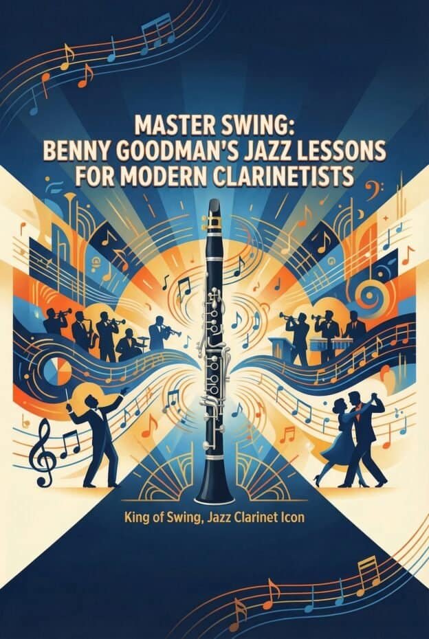 Vibrant jazz clarinet poster celebrating Benny Goodman's influence on modern jazz and clarinet lessons, featuring a central clarinet surrounded by silhouettes of musicians and musical notes.