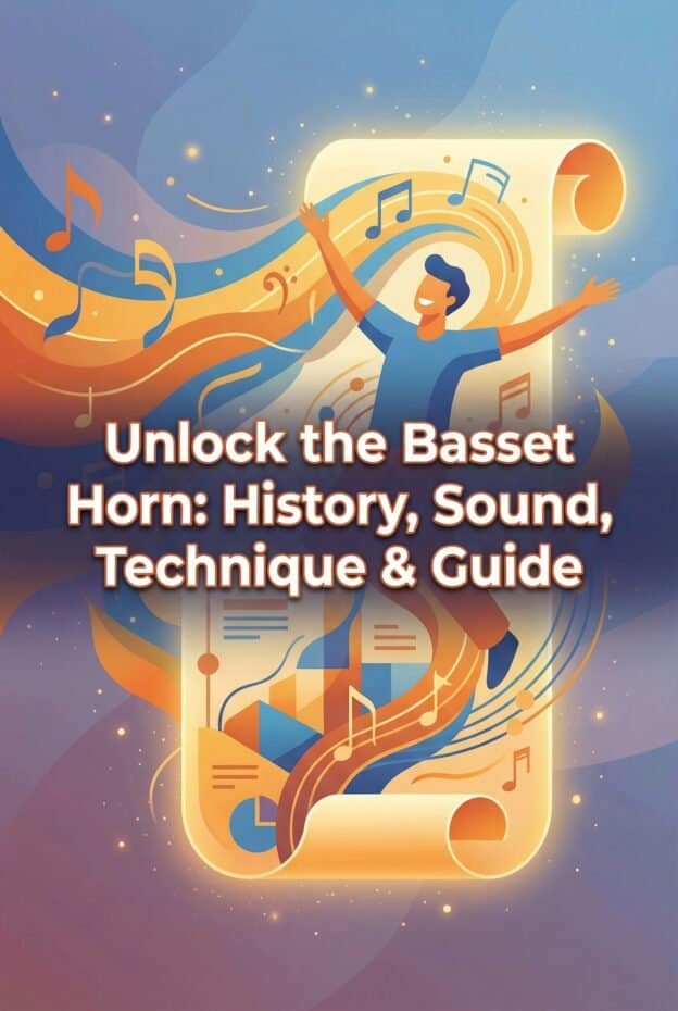 Basset Horn: History, Sound, Technique & Buying Guide for Clarinetists 1 A detailed illustration of a Basset Horn, highlighting its rich history, unique sound, and significance in classical music. Perfect for music enthusiasts and woodwind instrument lovers.