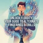 Clarinet Alternate Fingerings and Trills: Complete Guide for Serious Players High-quality flute player with colorful musical notes and swirls for SEO on flute playing, fingerings, and musical techniques.
