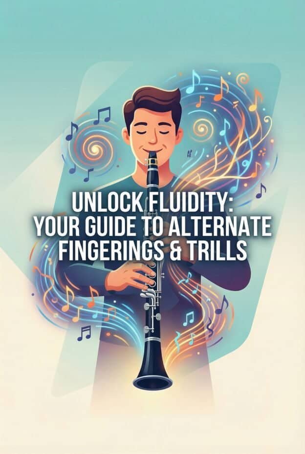 Clarinet Alternate Fingerings and Trills: Complete Guide for Serious Players 1 High-quality flute player with colorful musical notes and swirls for SEO on flute playing, fingerings, and musical techniques.