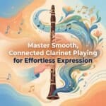 Legato on the Clarinet: Complete Guide to Smooth, Connected Playing Close-up of a person playing a clarinet with musical notes and colorful waves illustrating musical harmony, emphasizing expert craftsmanship and quality sound from Martin Freres Company.