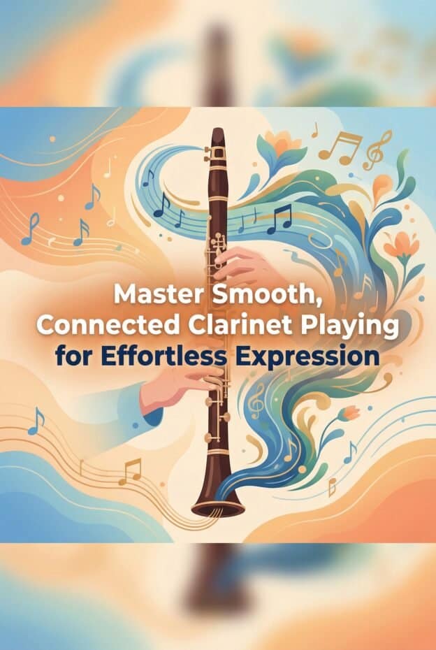Legato on the Clarinet: Complete Guide to Smooth, Connected Playing 1 Close-up of a person playing a clarinet with musical notes and colorful waves illustrating musical harmony, emphasizing expert craftsmanship and quality sound from Martin Freres Company.