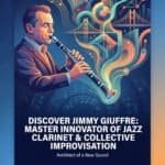 Close-up of a framed artwork featuring a jazz clarinetist with colorful abstract musical elements and cityscape. Perfect for jazz, music art, and home decor enthusiasts.