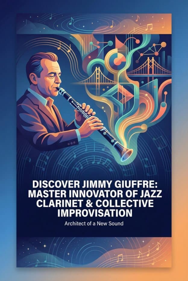 Jimmy Giuffre: Jazz Clarinet Innovator, Composer and Architect of Collective Improvisation 1 Close-up of a framed artwork featuring a jazz clarinetist with colorful abstract musical elements and cityscape. Perfect for jazz, music art, and home decor enthusiasts.