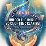 C Clarinet Guide: History, Construction, Sound, Technique & Care Vibrant image showcasing the unique sound of the C clarinet with musical notes, sound waves, and hands highlighting the craftsmanship and history of Martin Freres.