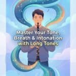 Clarinet Long Tones: Complete Practice Guide For Tone, Breath & Intonation Young man playing clarinet with colorful musical notes streaming around, emphasizing tone control, breath, and intonation for musicians.