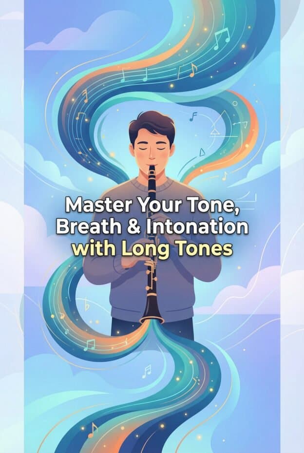 Clarinet Long Tones: Complete Practice Guide For Tone, Breath & Intonation 1 Young man playing clarinet with colorful musical notes streaming around, emphasizing tone control, breath, and intonation for musicians.