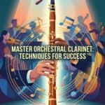 A professional illustration of a clarinet player surrounded by musical instruments like a trumpet, drums, and violins, emphasizing mastery of the orchestral clarinet role and strategy.