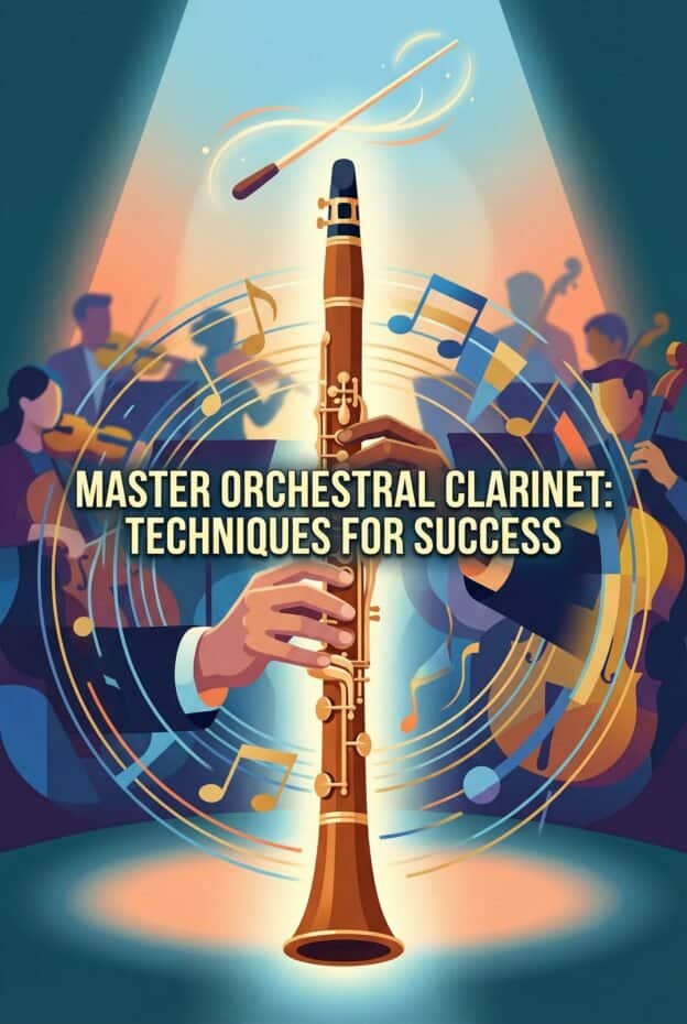 Playing Clarinet in an Orchestra: Technique, Role & Rehearsal Strategies 1 A professional illustration of a clarinet player surrounded by musical instruments like a trumpet, drums, and violins, emphasizing mastery of the orchestral clarinet role and strategy.