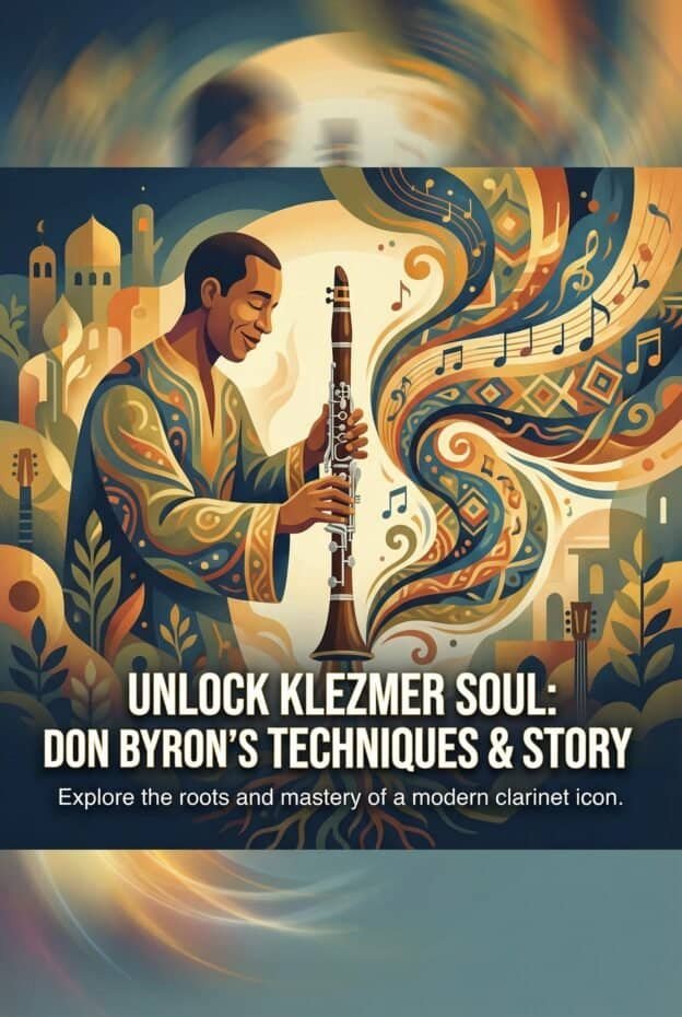 Vivid illustration of a modern clarinetist with colorful musical and architectural motifs, promoting Martin Freres Company’s expertise in producing high-quality clarinets.