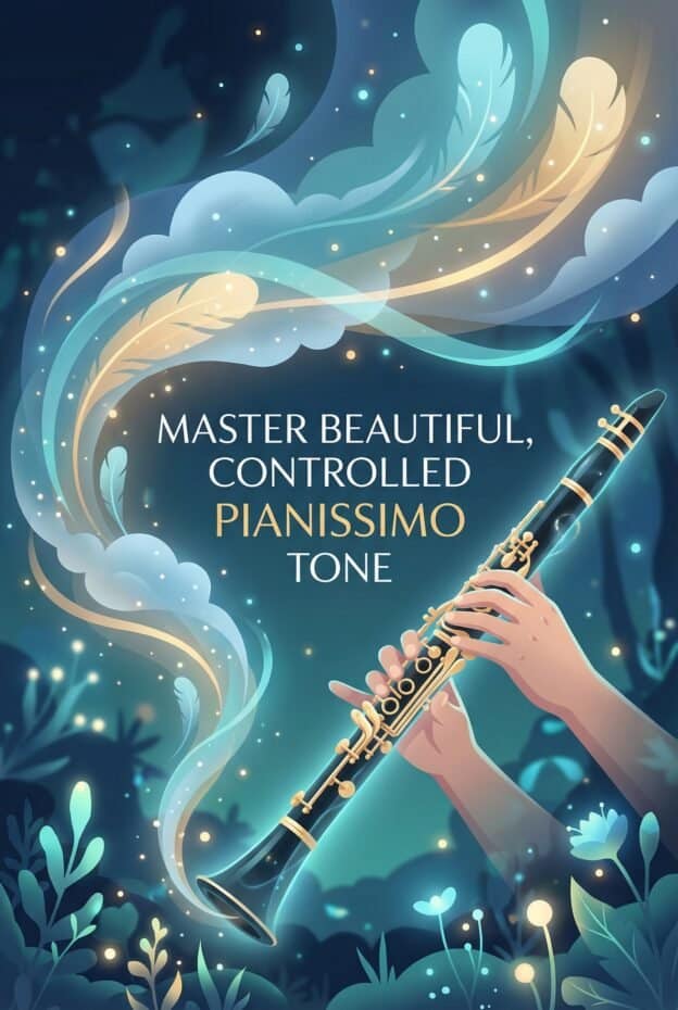 A detailed digital artwork featuring a clarinet surrounded by swirling abstract elements, highlighting mastery, control, and tone in music performance. Ideal for music schools, instrument brands, and performance promotion related to wind instruments like the clarinet.