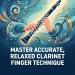 Clarinet Finger Placement: Complete Guide to Accurate, Relaxed Technique Close-up of skilled hands playing a clarinet with musical notes and swirls illustrating mastery and relaxation in playing skills.