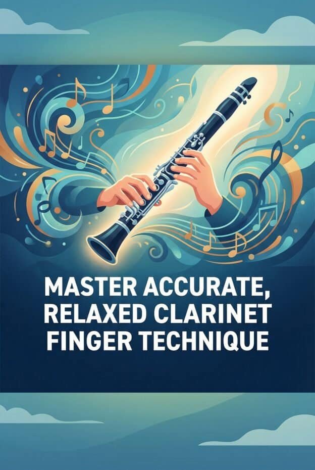 Close-up of skilled hands playing a clarinet with musical notes and swirls illustrating mastery and relaxation in playing skills.