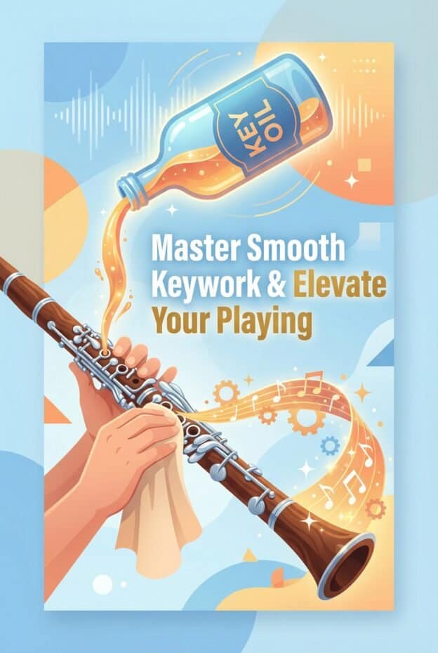 Clarinet Key Oil: How To Choose, Apply, and Maintain Smooth Keywork 1 High-quality digital illustration of a person playing a flute with musical notes, gears, and vibrant colors, emphasizing music education and skill enhancement.