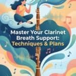 Breath Support for Clarinet: Techniques, Exercises & Measurable Practice Plans An illustration promoting clarinet breath support techniques and plans, featuring a woman sitting on a cloud playing a clarinet with colorful musical notes and sound waves surrounding her for enhanced SEO.