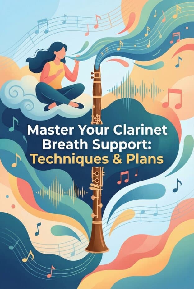 Breath Support for Clarinet: Techniques, Exercises & Measurable Practice Plans 1 An illustration promoting clarinet breath support techniques and plans, featuring a woman sitting on a cloud playing a clarinet with colorful musical notes and sound waves surrounding her for enhanced SEO.