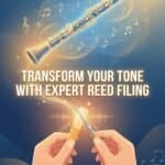 Reed Filing: Tools, Techniques, and Troubleshooting for Clarinetists High-quality digital illustration of a clarinet with musical notes, showcasing innovation in reed filing for musical instrument repair and manufacturing services.