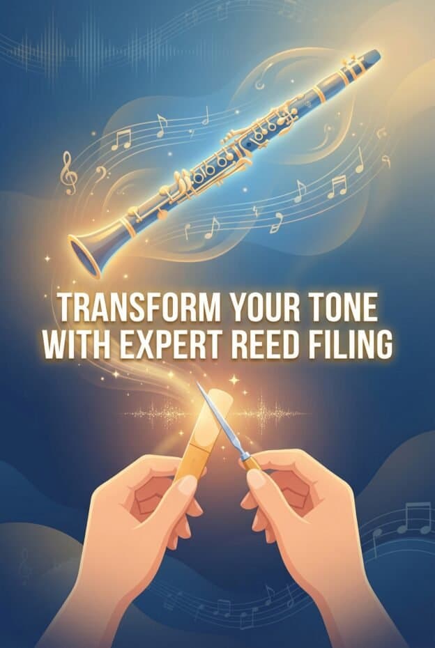 Reed Filing: Tools, Techniques, and Troubleshooting for Clarinetists 1 High-quality digital illustration of a clarinet with musical notes, showcasing innovation in reed filing for musical instrument repair and manufacturing services.