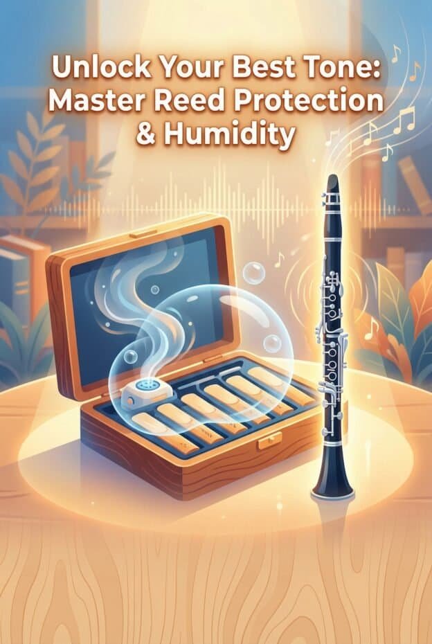 Reed protective case with humidifier and musical notes for instrument care.
