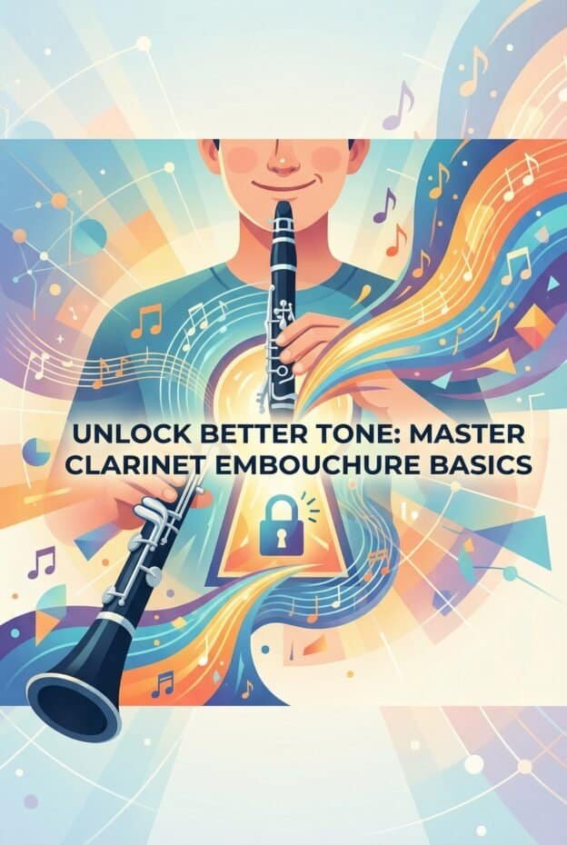 Clarinet Mouthpiece Placement: Embouchure Basics for Better Tone and Intonation 1 Bright digital illustration showing a person playing a clarinet with colorful musical notes and abstract shapes, promoting clarinet embouchure techniques and master classes.