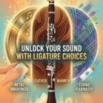 Clarinet Ligature Materials: How They Shape Sound, Response, and Maintenance A close-up of a clarinet with graphic overlays highlighting features like metal, warmth, and flexibility for personalized sound.