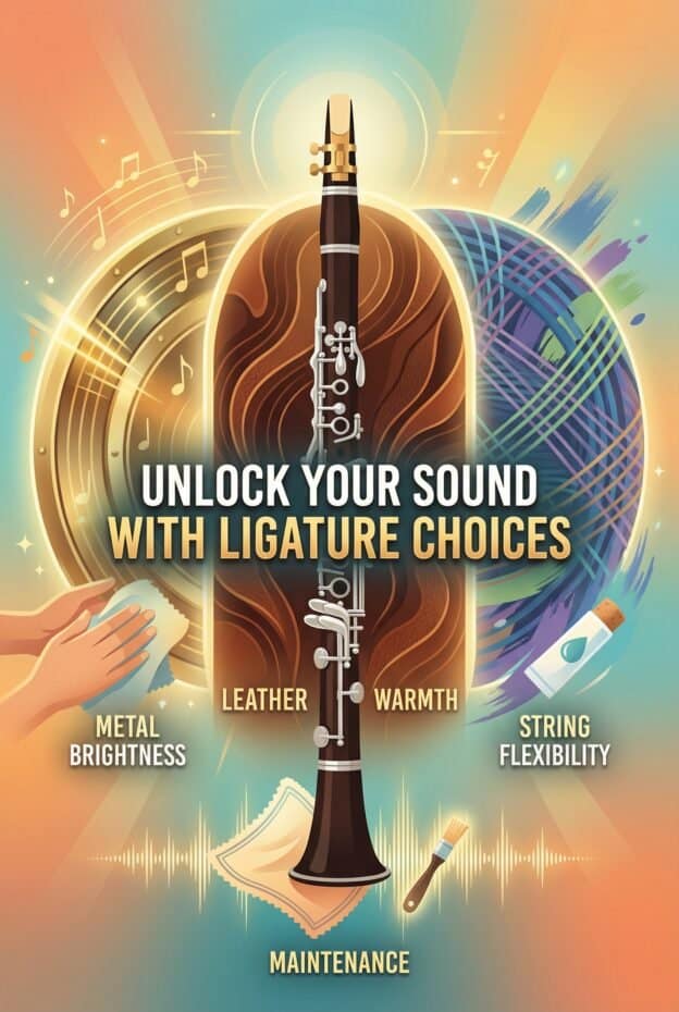 Clarinet Ligature Materials: How They Shape Sound, Response, and Maintenance 1 A close-up of a clarinet with graphic overlays highlighting features like metal, warmth, and flexibility for personalized sound.