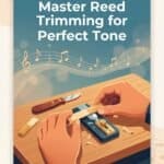 Clarinet Reed Cutting: Tools, Techniques, and Step-by-Step Trimming Guide Close-up of hands trimming a reed with a razor blade and trimmer device on a wooden surface, musical notes in background, for woodwind instrument reed maintenance and repair.