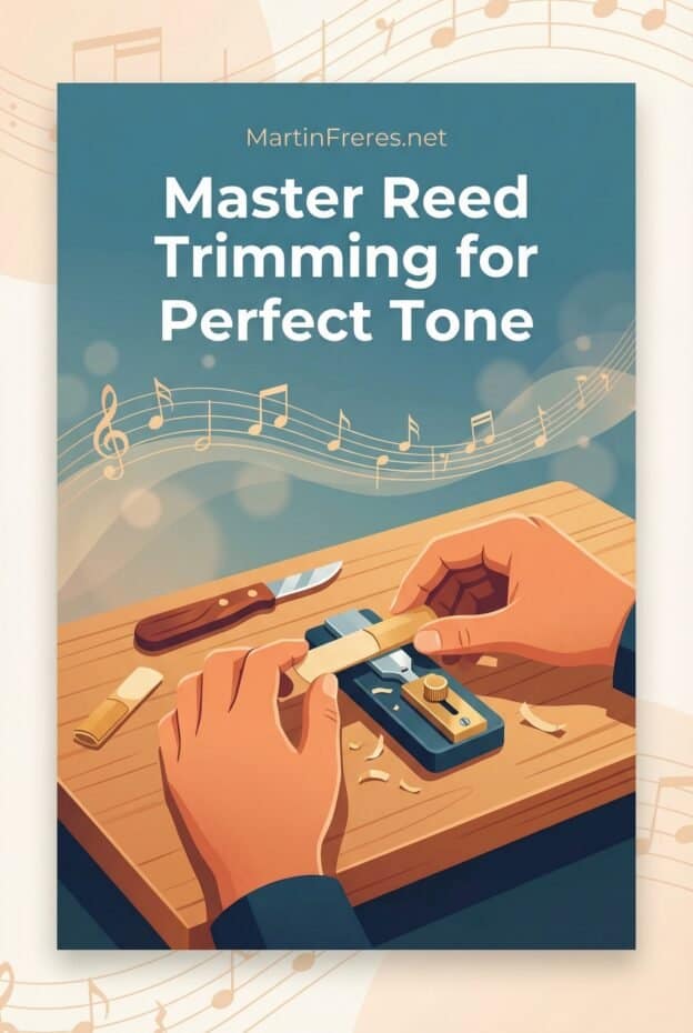 Clarinet Reed Cutting: Tools, Techniques, and Step-by-Step Trimming Guide 1 Close-up of hands trimming a reed with a razor blade and trimmer device on a wooden surface, musical notes in background, for woodwind instrument reed maintenance and repair.