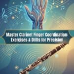 A digital illustration of a clarinet with vibrant, abstract musical notes and a hand representing mastery in clarinet finger coordination and practice exercises for precision.