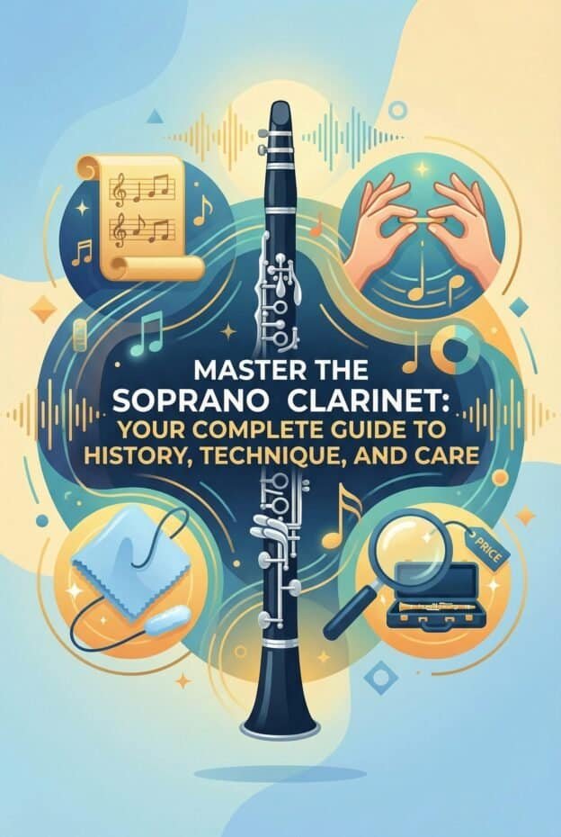 High-quality soprano clarinet with instructional guides on history, technique, and maintenance for musicians and enthusiasts.