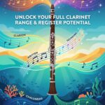 Clarinet Range Chart: Written vs Sounding Notes and Registers Explained A detailed visual promoting full clarinet range and register potential, emphasizing seamless transitions between different clarinet sounds.