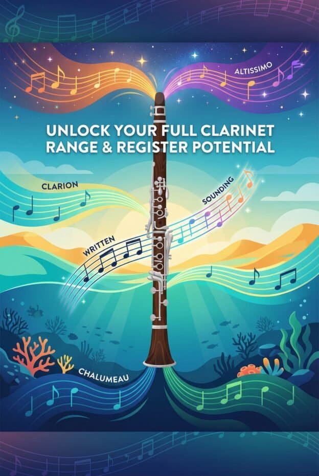 A detailed visual promoting full clarinet range and register potential, emphasizing seamless transitions between different clarinet sounds.