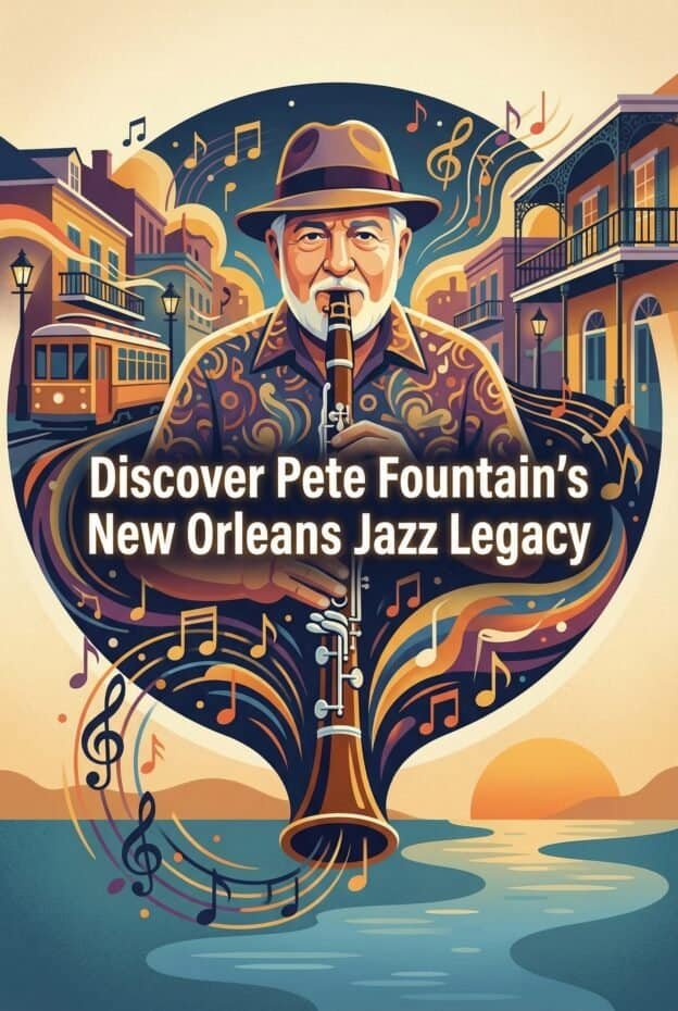 Pete Fountain: New Orleans Jazz Clarinet Legend and His Lasting Influence 1 Iconic jazz musician Pete Fountain playing clarinet in vibrant New Orleans street setting with musical notes and historic architecture.