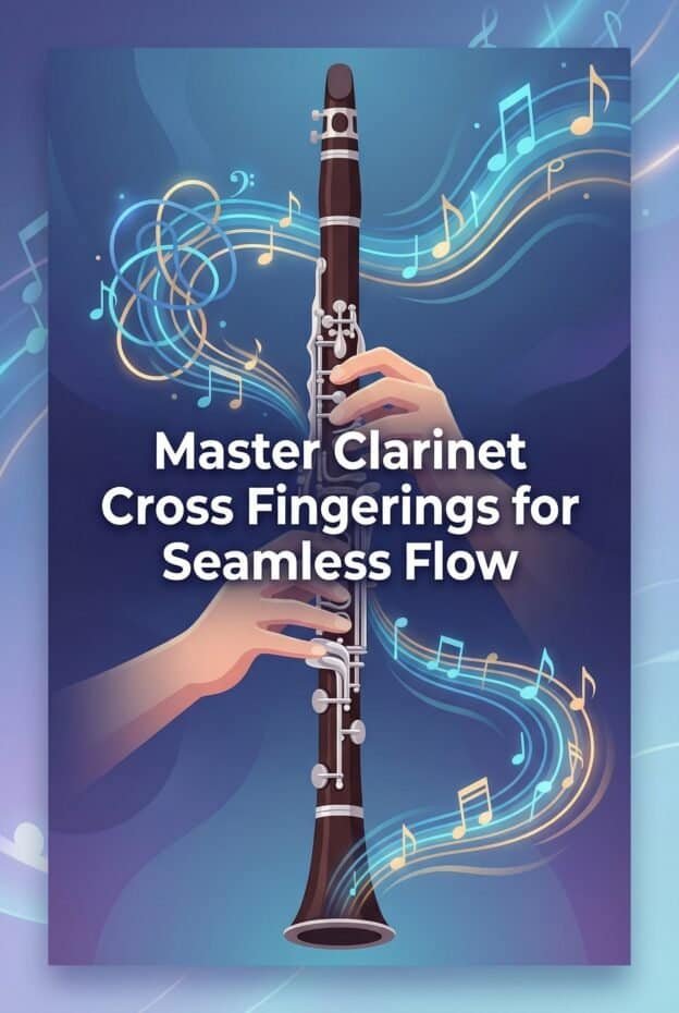 Clarinet Cross Fingerings: How To Use Them For Smoother Playing 1 Image of a clarinet with musical notes swirling around, illustrating mastery of clarinet cross fingerings for smooth performance. Promote professional clarinet techniques for musicians.